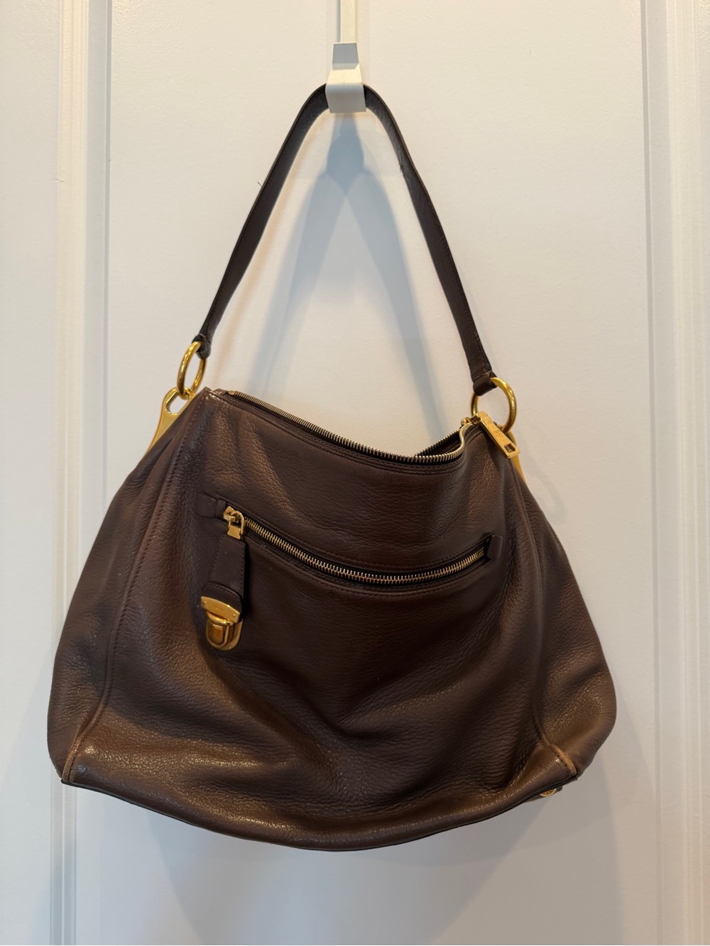 Authentic Prada Brown Pebbled Leather Shoulder Bag with Gold Hardware
